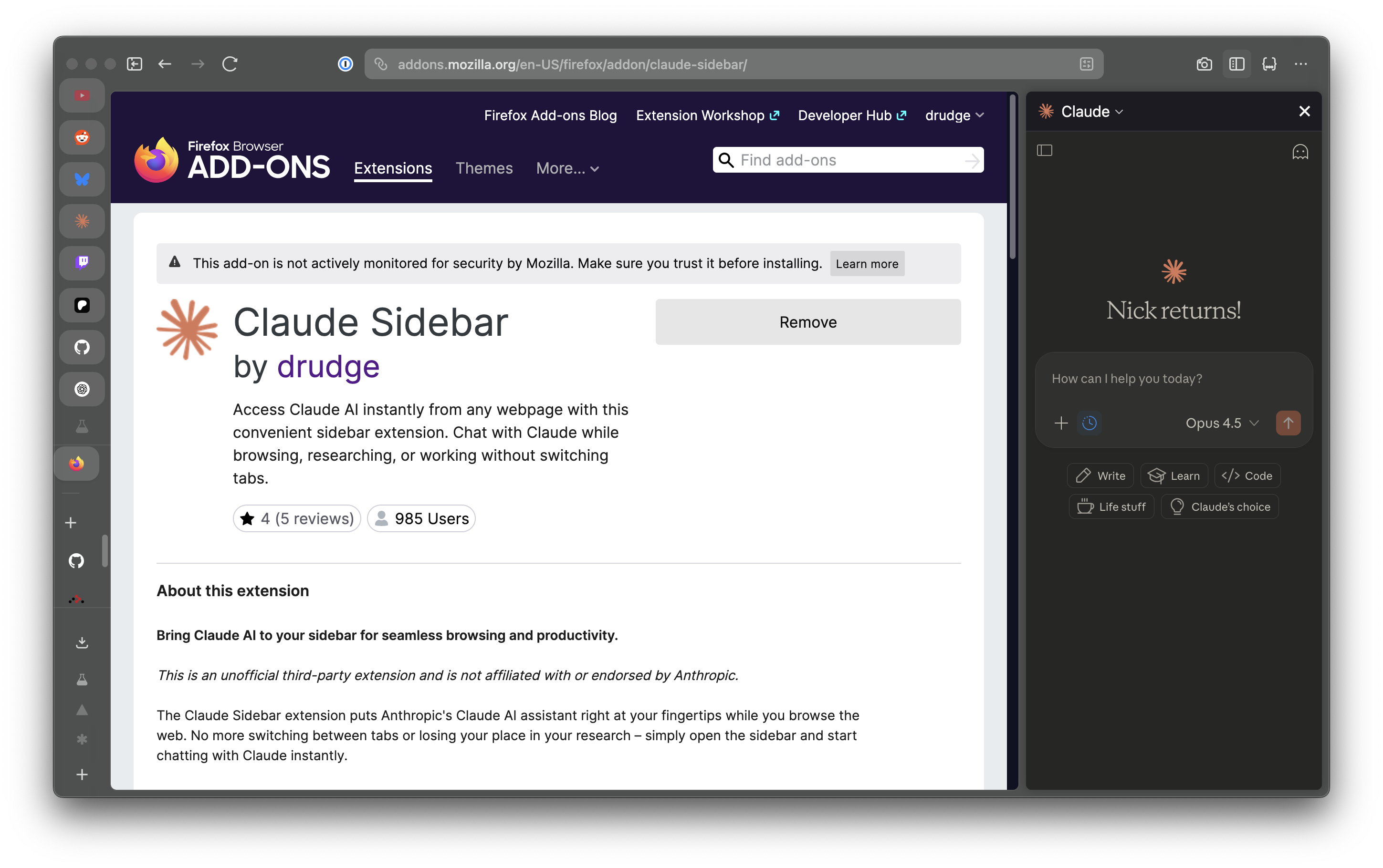 Claude Sidebar for Firefox preview